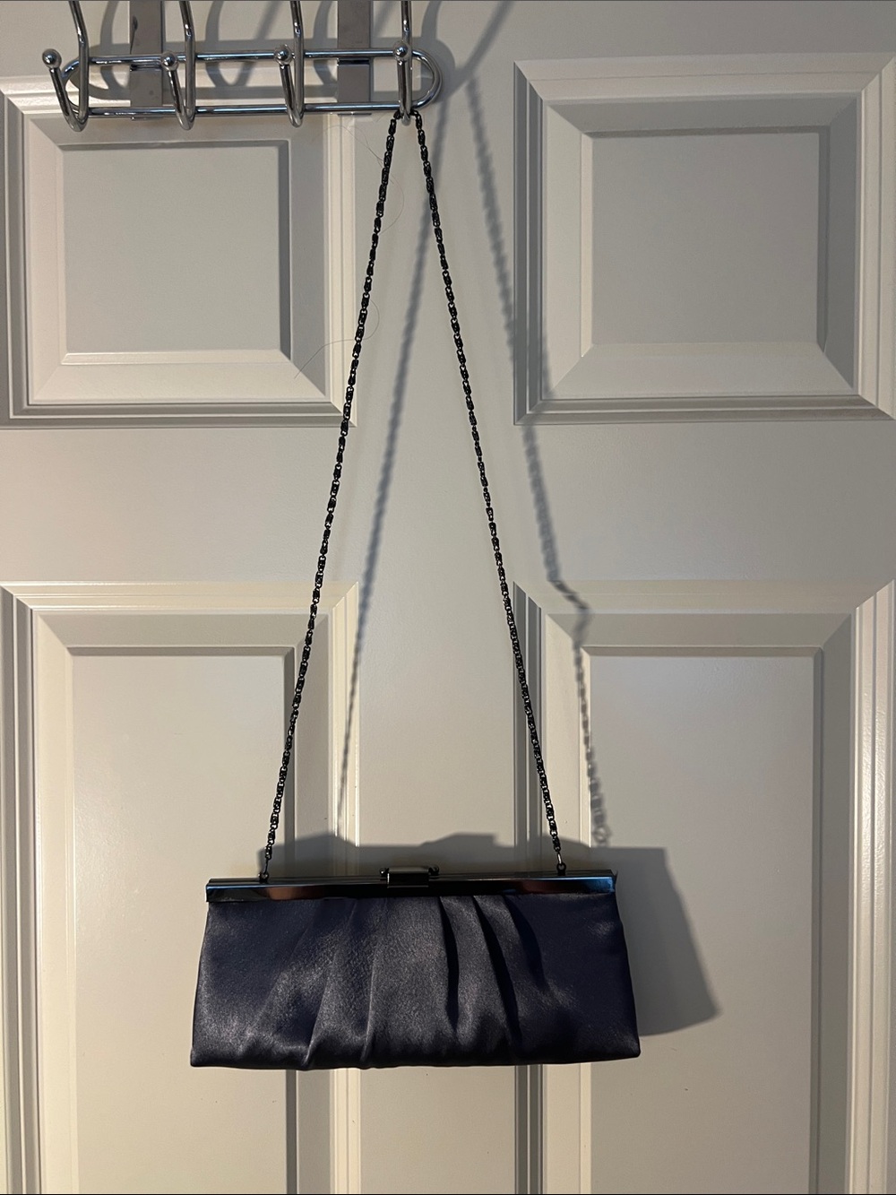 Jessica McClintock Dark Navy Satin Evening Clutch with Chain Strap